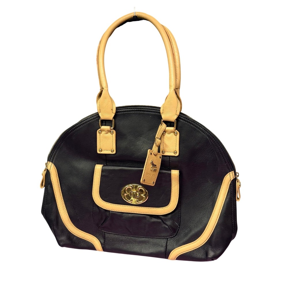 Emma Fox Black Tan Leather Dome Satchel Bag Gold Hardware. VTG Quiet‎ Luxury